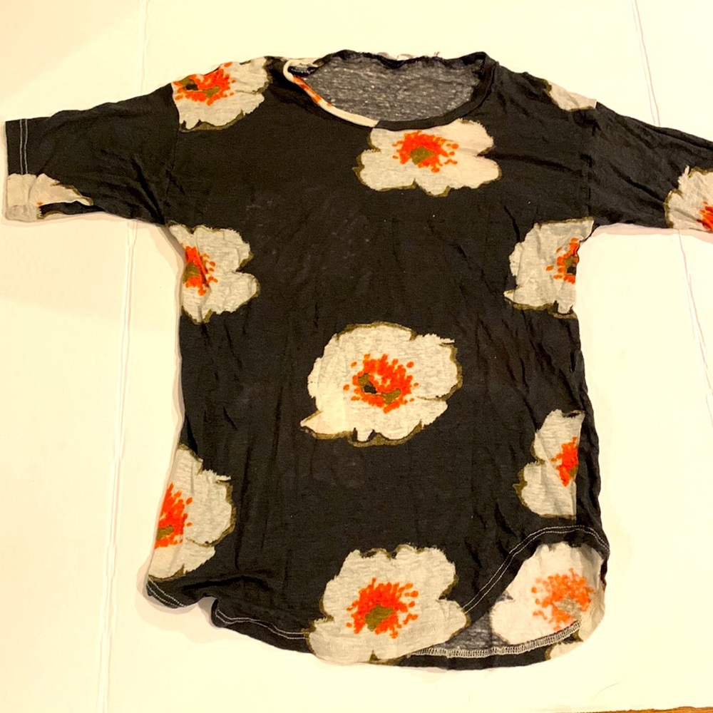 Isabel Marant Black Short Sleeve Top with Cream and Orange Floral Motif